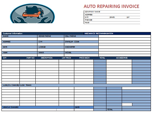 Auto Repair Invoice Template for Excel