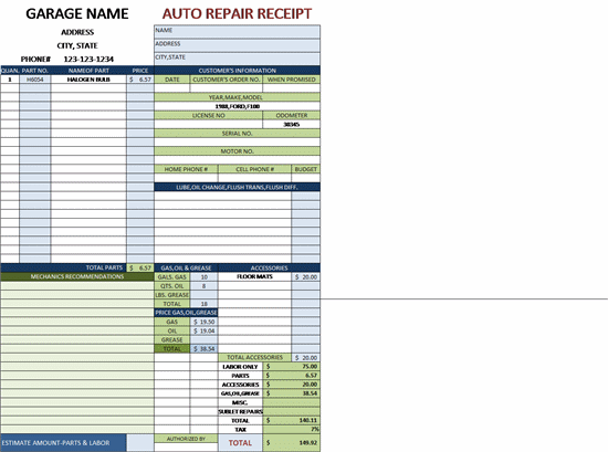 Auto Repair Invoice Template (C5 019) Excel Invoice Manager