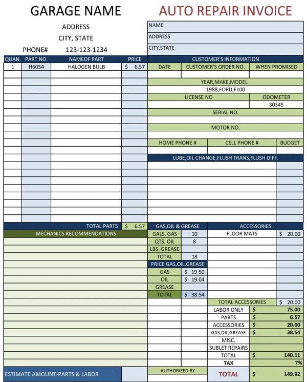 Auto Repair Invoice Template Excel Letter Template Business