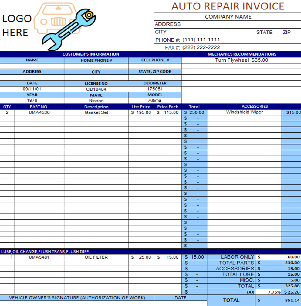 Auto Repair Invoice Template Excel invoice example