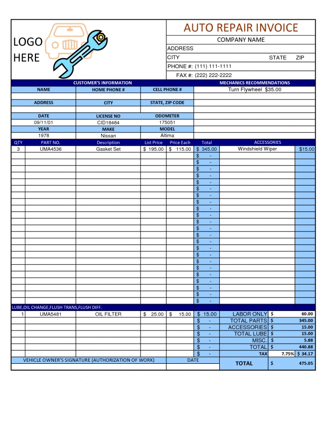 Free Printable Automotive Repair Receipt Template