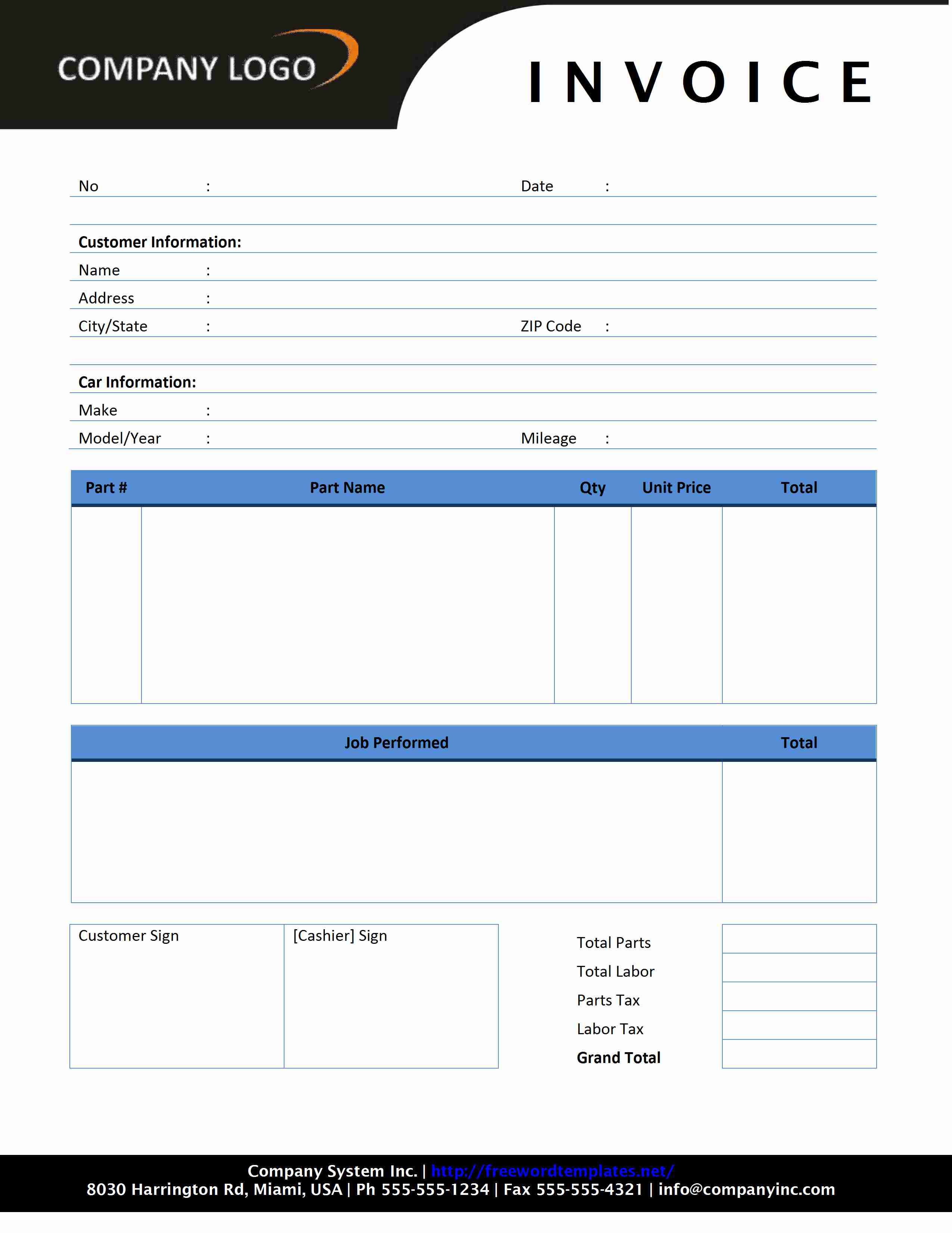 Auto Repair Invoice Template Word invoice example