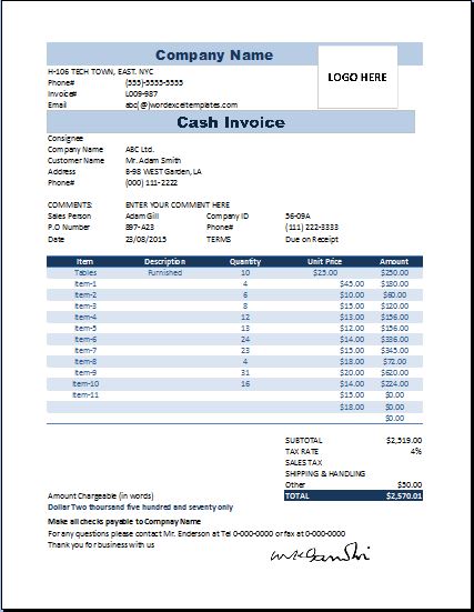 Printable Excel Business Cash Invoice Template | Word & Excel 