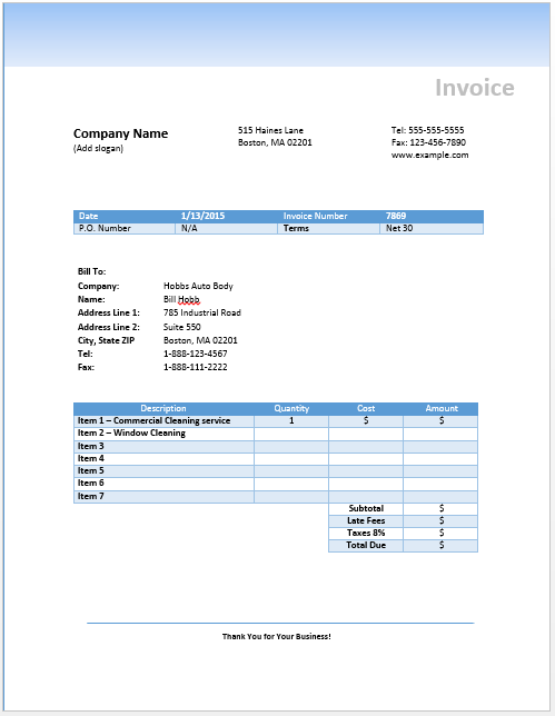 Cleaning Invoice Template | Free Invoice Templates