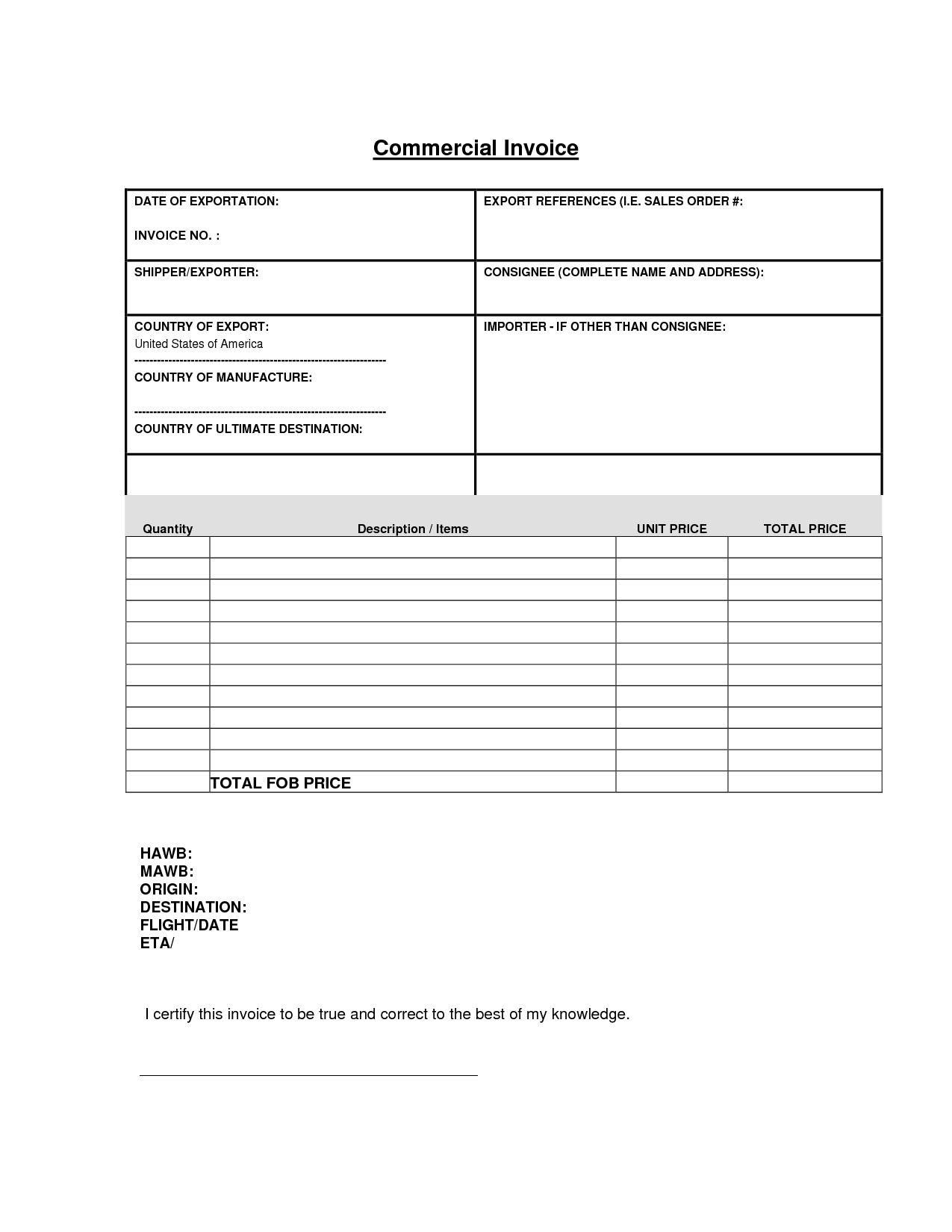 Commercial Invoice Templates Fill In Template Pdf 