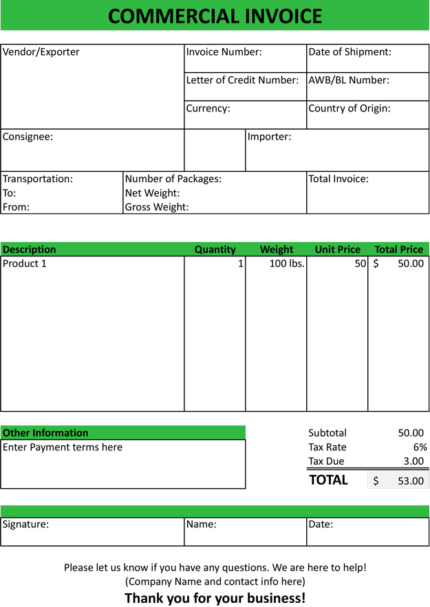 Commercial Invoice Template Excel Free Download Invoice Example