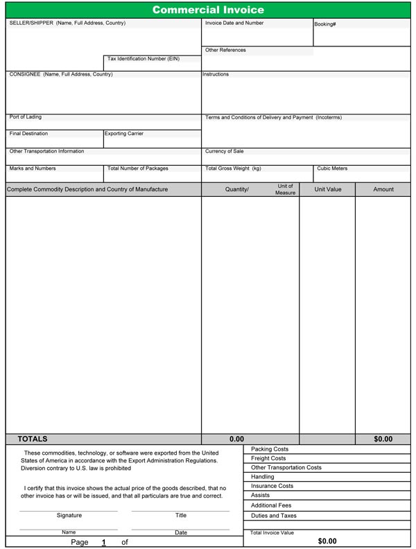 commercial invoice blank