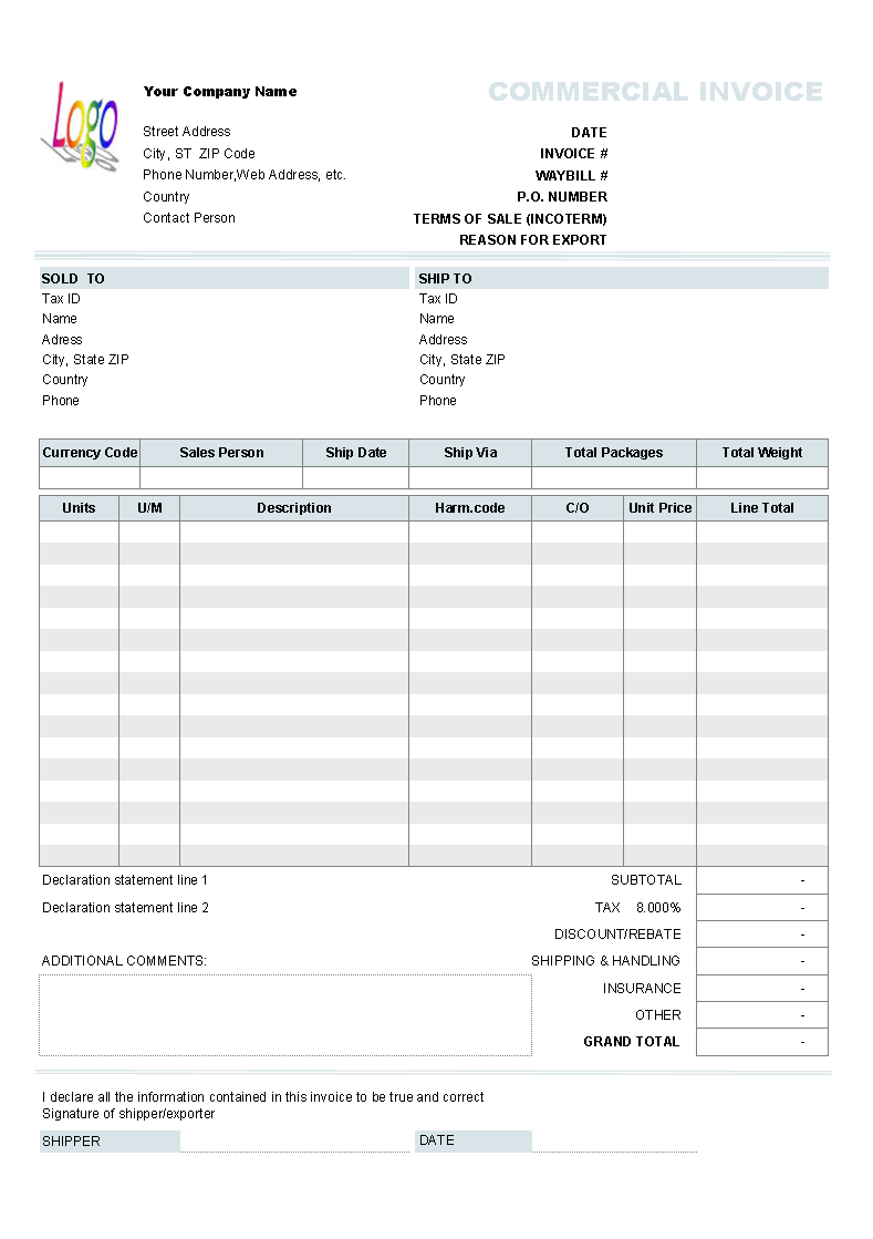 Commercial Invoice Format In Excel Download ⋆ Invoice Template