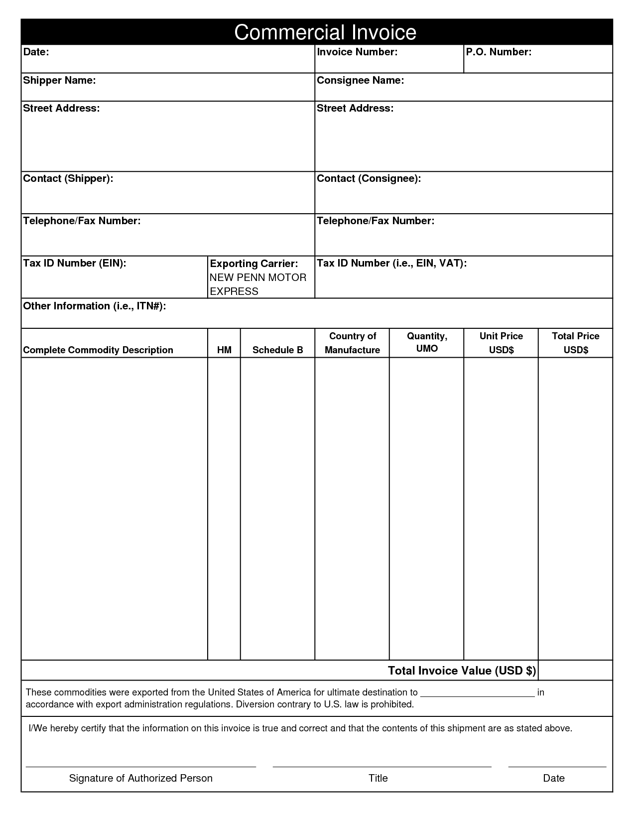 Blank Commercial Invoice Template Invoice Template 2017