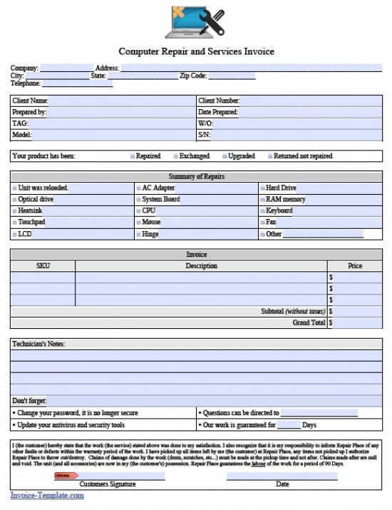 7 Best Images Of Computer Repair Invoice Forms Auto Template Pdf 