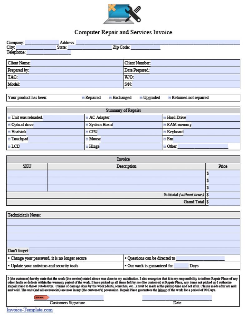 computer repair invoice template pdf