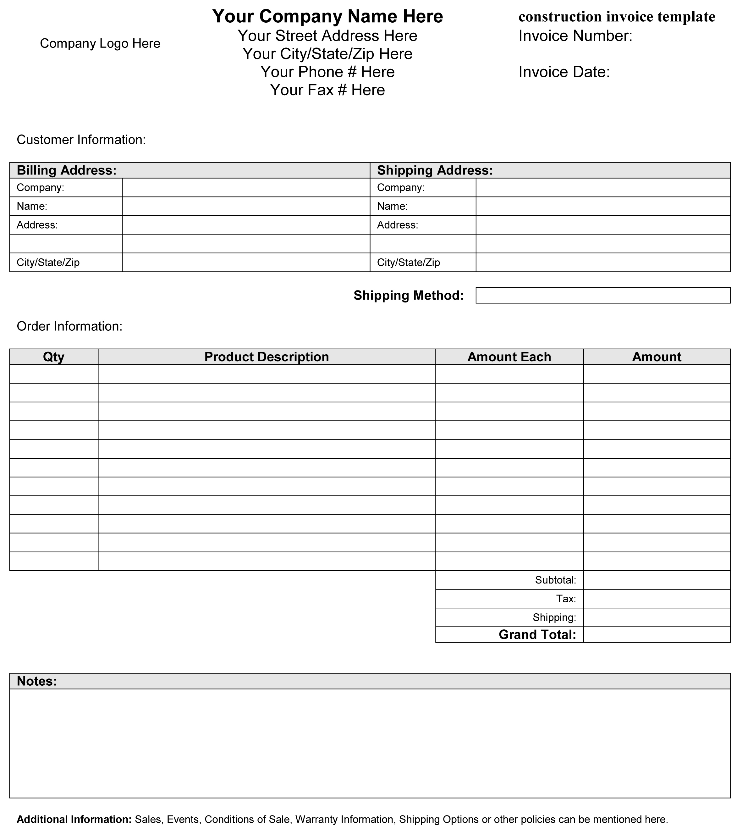 Construction Invoice Template Free Download Independent Contractor 