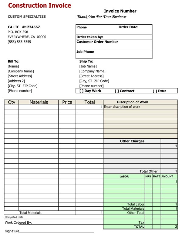 Construction Invoice Template Excel Letter Template Business