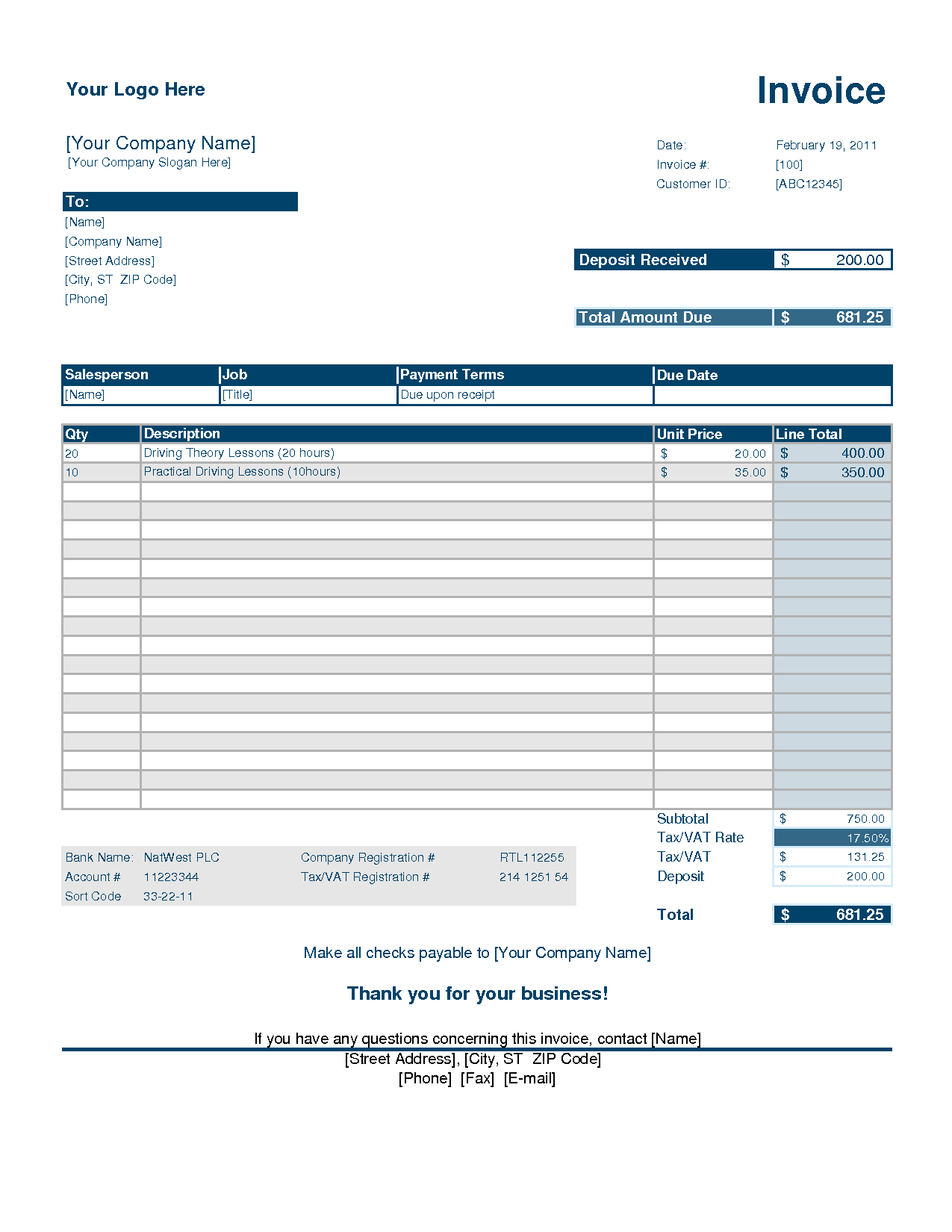 How to create a Professional deposit invoice template invoice example