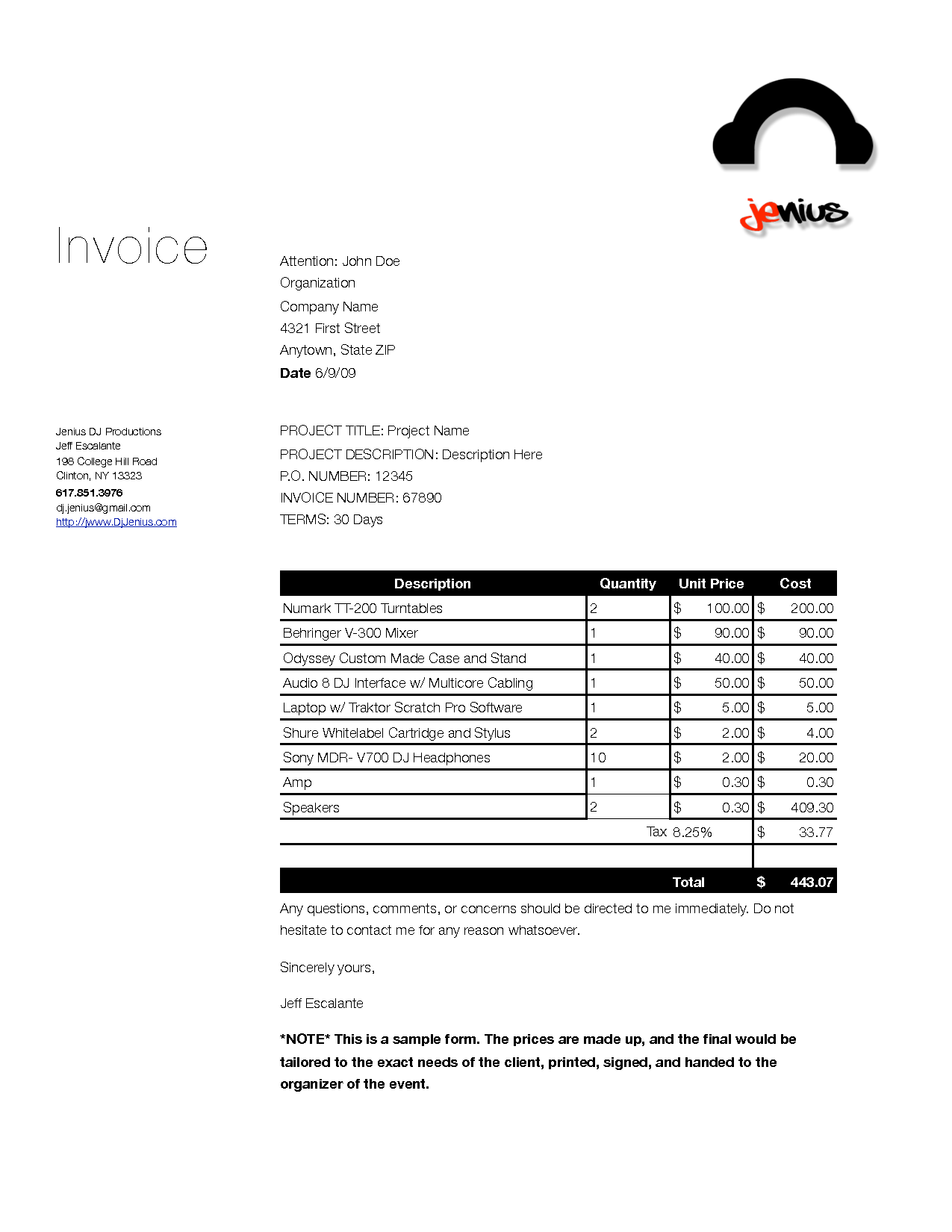 Dj Invoice Template Invoice Example