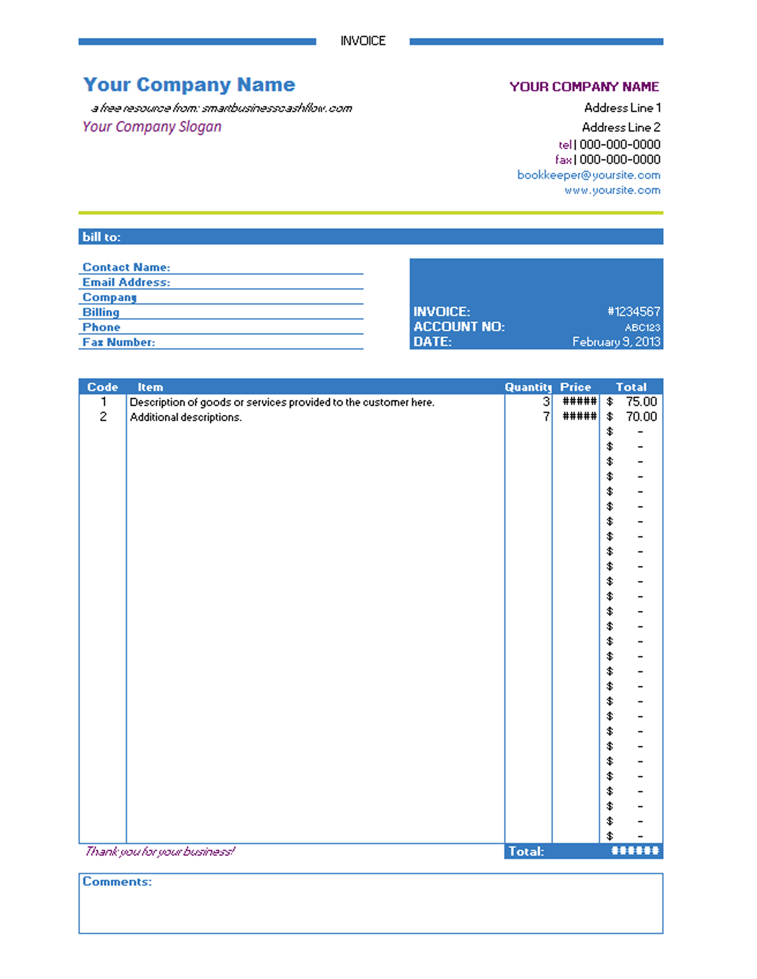 Free Invoice Template for Excel
