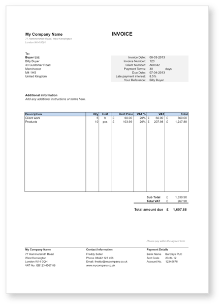 Sample Invoice Template Uk