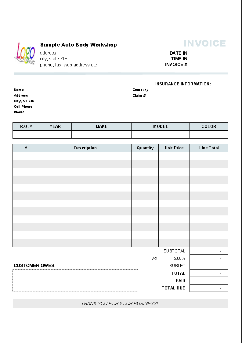 Garage Auto Invoice Excel Sheet Format Sample Code Simple Tax List 