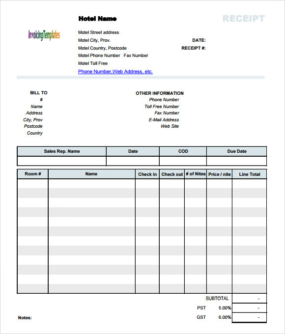 Sample Hotel Receipt Template 9+ Free Download for PDF , Word