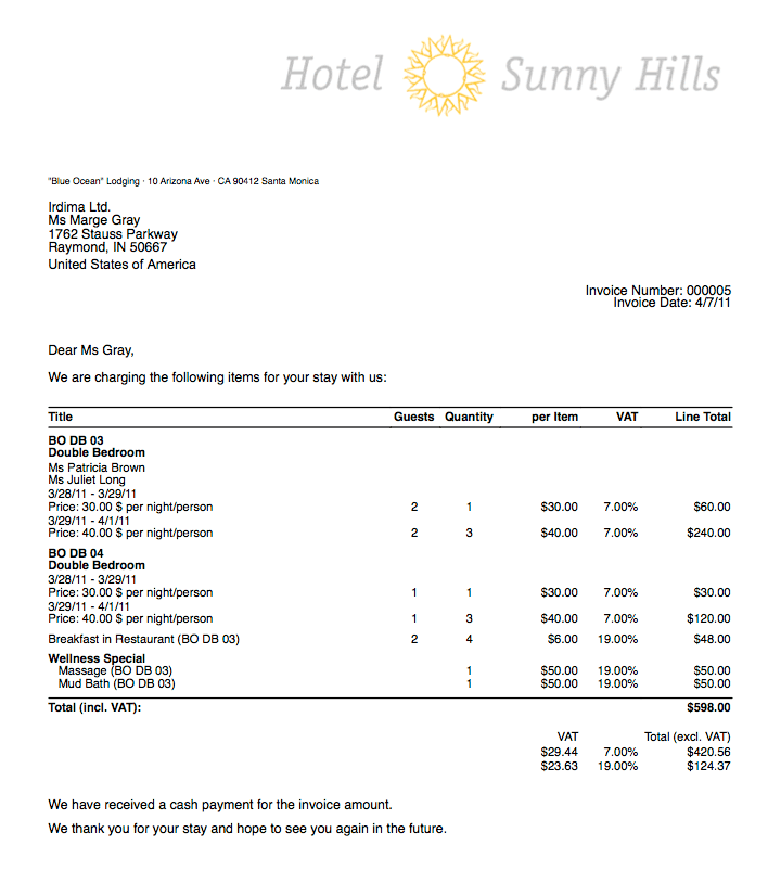 Hotel Invoice Template invoice example