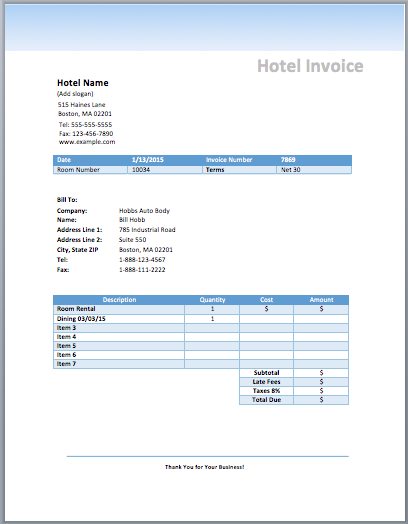Hotel Invoice Template (Room Rental) | Free Invoice Templates