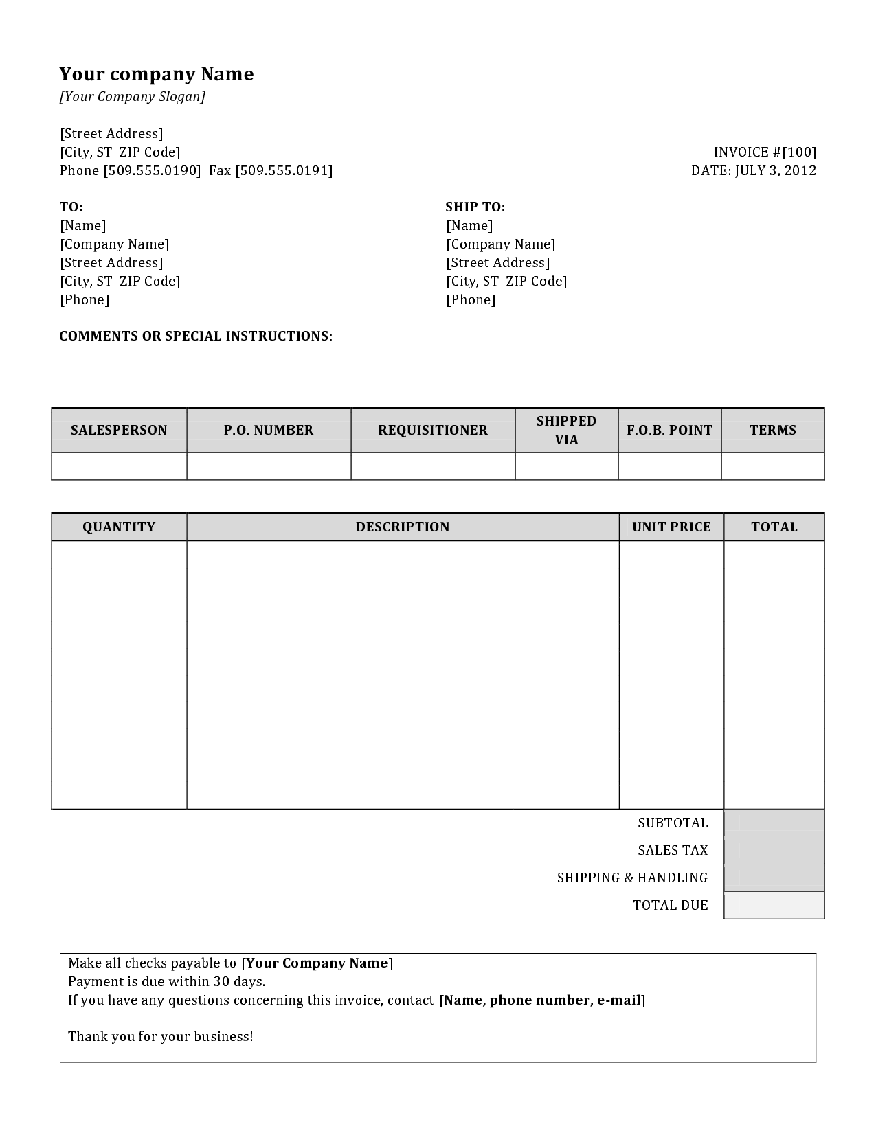 Doc.#513666: Invoice Template Samples – Free Invoice Template for 