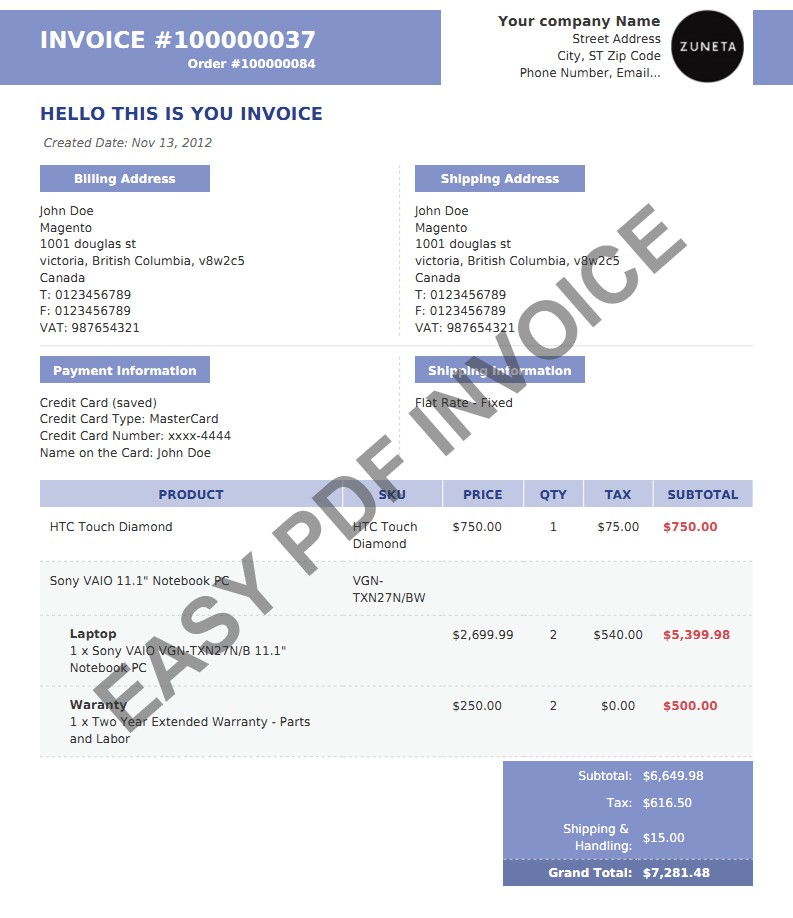 Template 002 Blue Violet Magento PDF Invoice Template