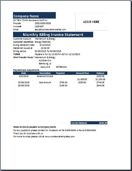 Monthly Billing Invoice Statement Template | Word & Excel Templates