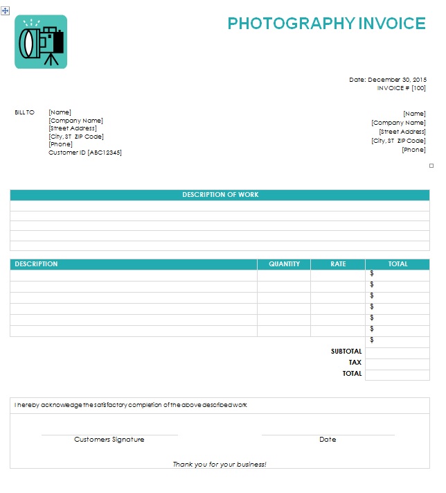 Photography Invoice Template Printable Word, Excel Invoice 