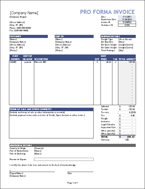 Free Proforma Invoice Template for Excel
