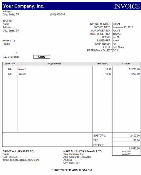 Quickbooks Invoice Template Excel