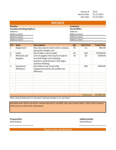 Roofing invoice templates | Printable Paper Invoices