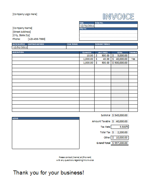 Excel Sales Invoice Template Free Download