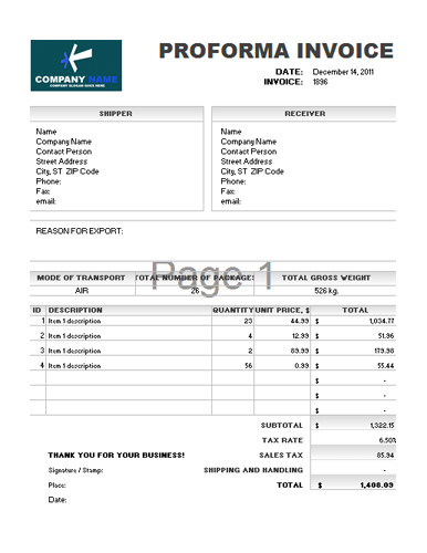 sample copy of proforma invoice