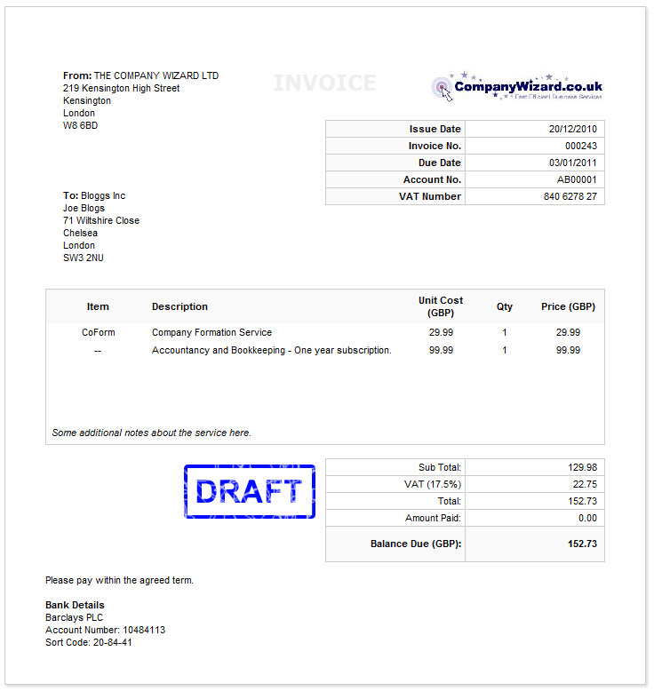 Sample Invoice Template Uk