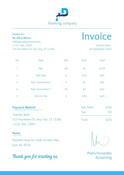 Plumbing Invoice Template Word