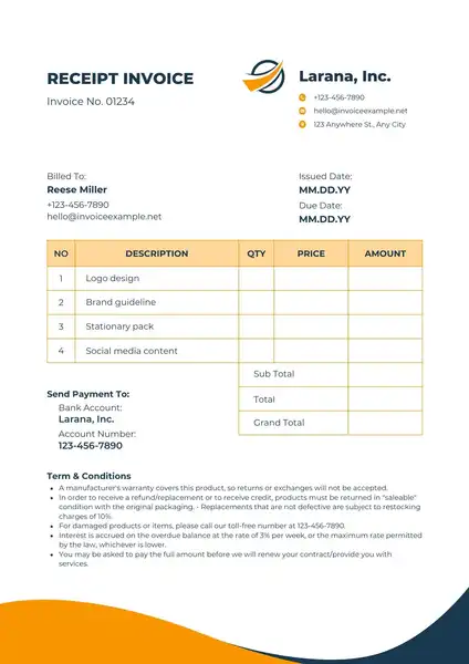 cash receipt invoice template