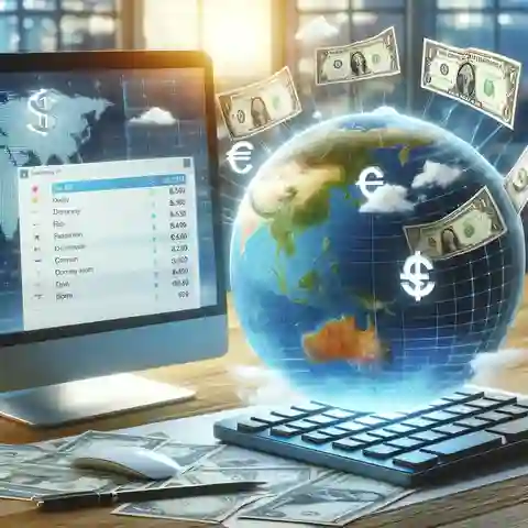 9 Best Multi Currency Invoicing Software A globe with various currencies floating around it (dollars, euros, yen) and a computer with invoicing software