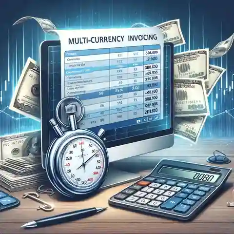 9 Best Multi Currency Invoicing Software An illustration showing a stopwatch and a calculator next to a computer screen displaying multi currency invoices