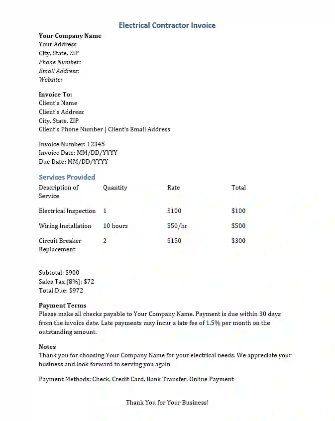 Electrical Contractor Invoice Template Word