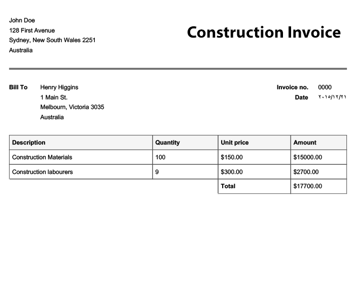Construction Invoice Template  invoice example