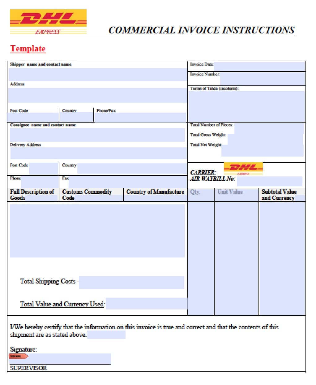 Dhl commercial invoice template excel - Search