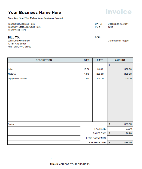 Rental Invoice Template Excel