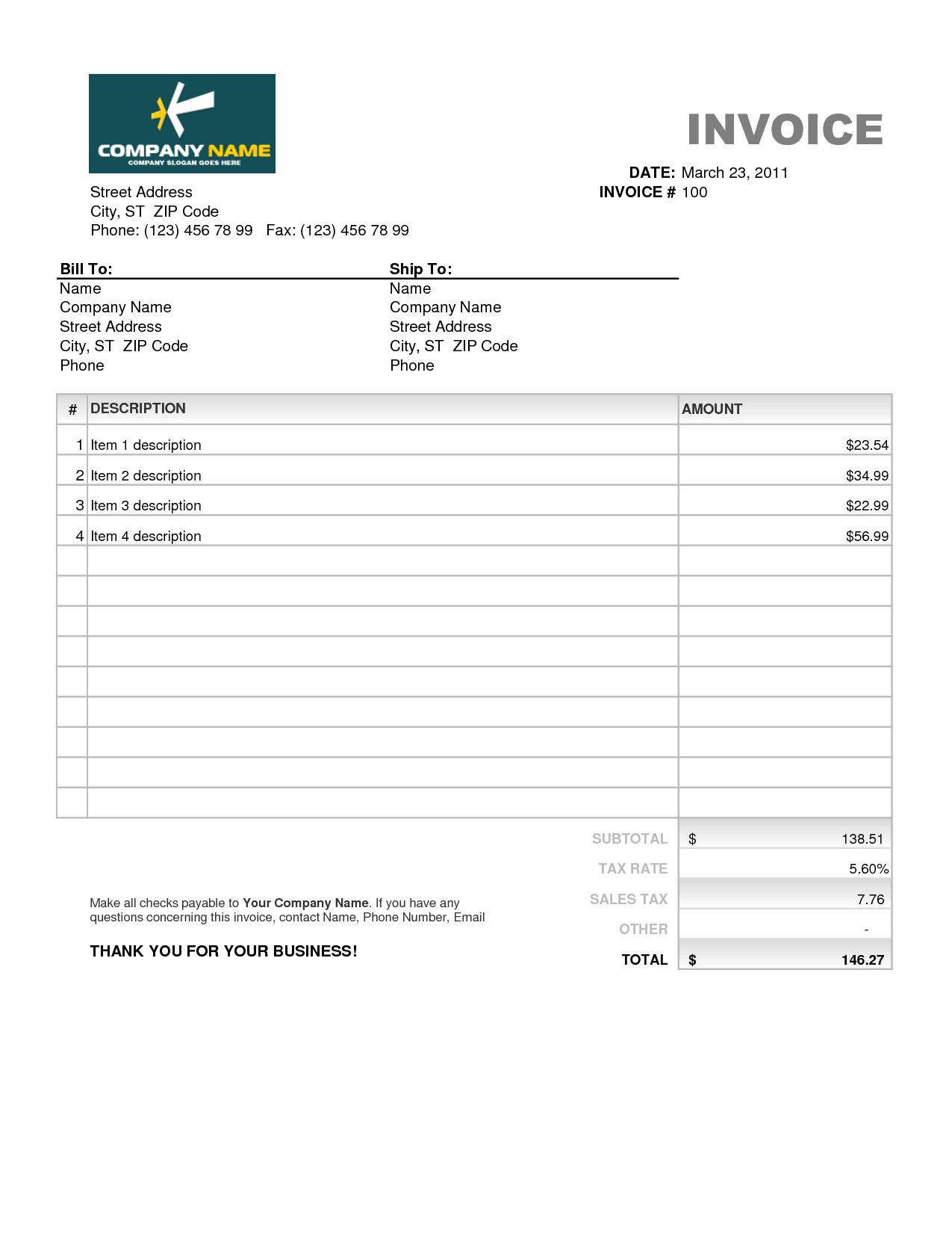 Sample Invoice Template Excel Invoice Example