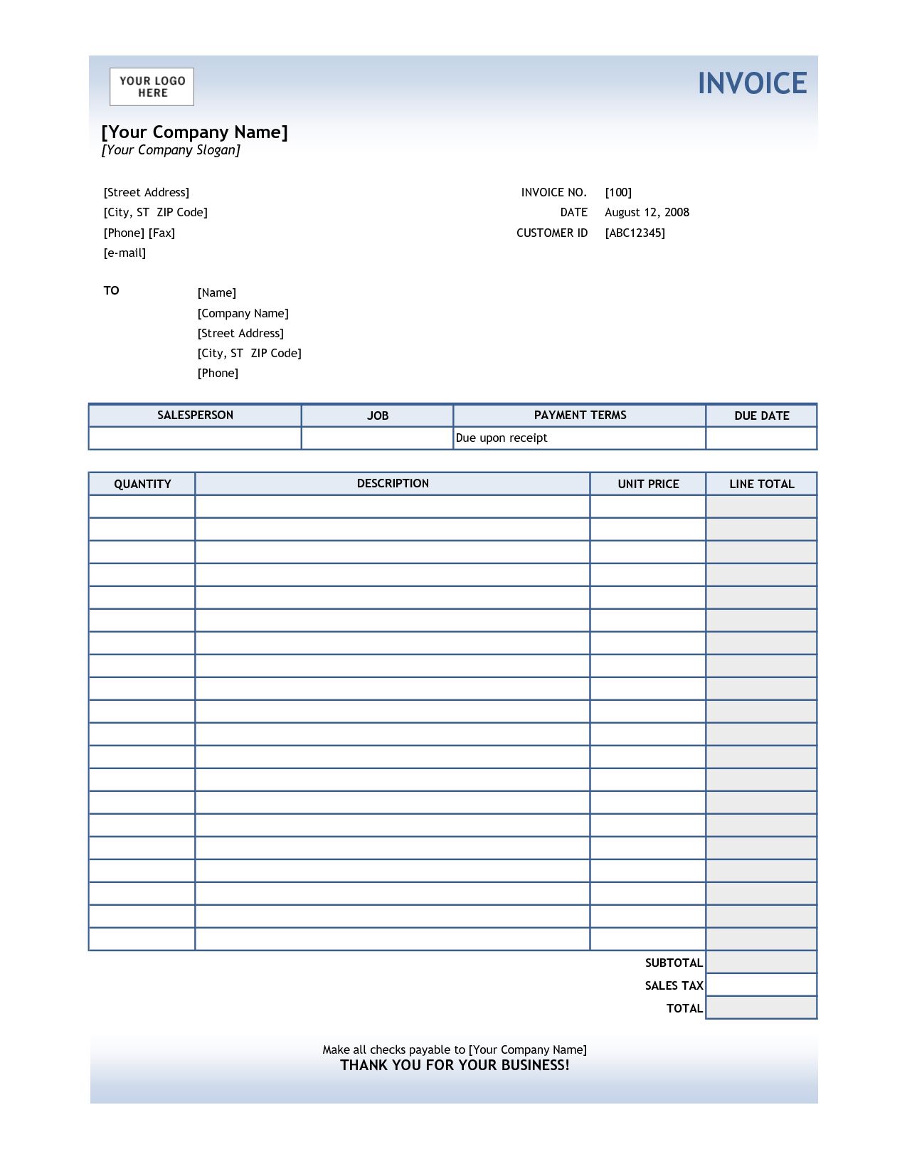 Blank Invoice Template Excel Free Excel Templates